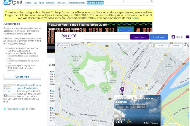 Yahoo va baisser le rideau sur ses sites Pipes et Maps (ci-dessus) dans le courant de l't. Il explique aux utilisateurs comment migrer leurs applications. 