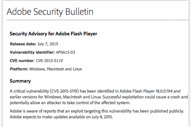 Adobe a mis un bulletin d'alerte concernant la dernire faille 0day affectant son lecteur Flash. (crdit : D.R.)