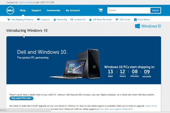 Le site de Dell affiche un compte  rebours, et confirme, ainsi, qu'il sera bien en mesure de fournir Windows 10 avec ses machines ds le 29 juillet. (Crdit D.R)