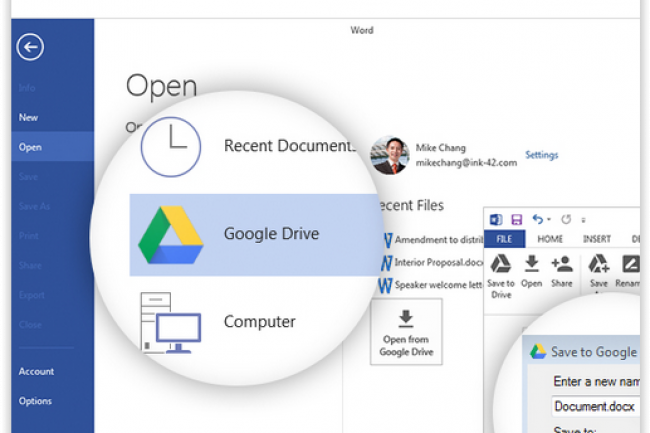 Le plug-in Google Drive pour Office permet d'ouvrir, sauvegarder et modifier des documents de la suite bureautique de Microsoft directement depuis Drive. 