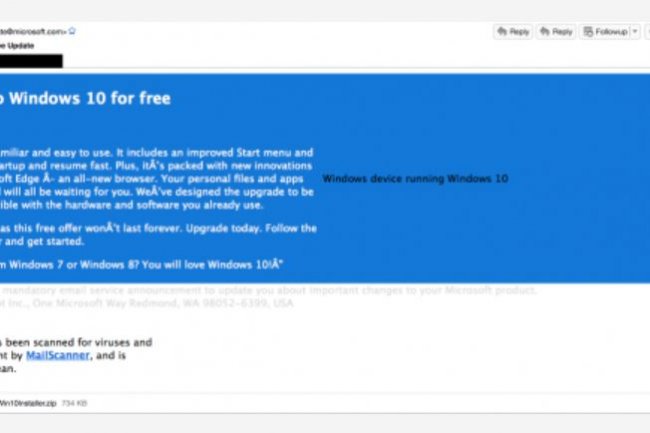 Les utilisateurs de Windows 10 doivent faire attention aux faux emails de mise à jour de l'OS. (Crédit : D.R.) 
