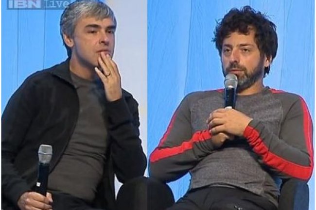 Ci-dessus, Larry Page,  gauche, et Sergey Brin, co-fondateurs de Google, interrogs l'an dernier par IBNLive. Ils viennent de crer la socit Alphabet qui chapeautera Google. Le nom a t choisi parce quil dsigne les lettres composant le langage, au cur de lactivit dindexation de Google. (crdit : D.R.)