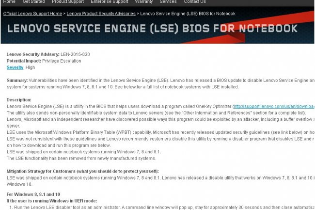 Lenovo avait identifi une faille dans son LSE (Lenovo Service Engine) et livr une mise  jour le 31 juillet pour certains de ses notebooks sous Windows. (crdit : D.R.)