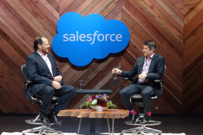 Mac Benioff et Travis Kranalick, les emblmatiques CEO de Salesforce.com et Uber. (crdit : LMI)