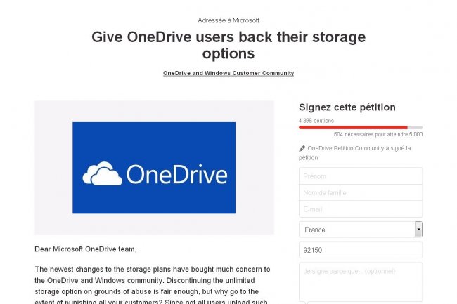 Les utilisateurs de OneDrive ont lanc une ptition  l'encontre de Microsoft pour l'obliger  revenir en arrire au sujet des restrictions d'espace de stockage. 