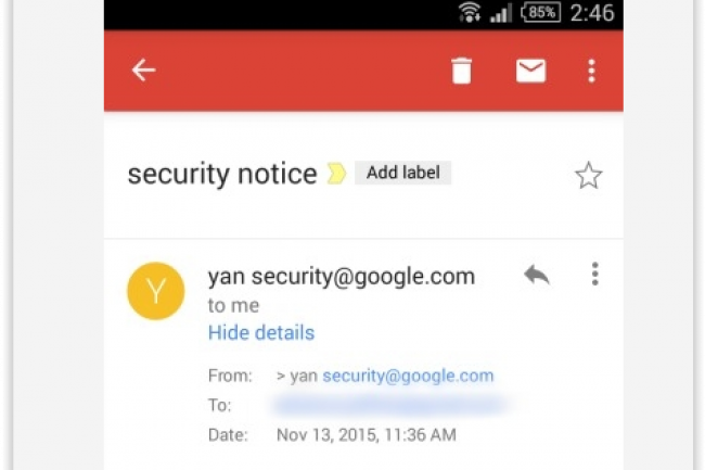 Le bug Gmail pour Android dcouvert par la chercheuse en scurit Yan Zhu permettait de modifier l'entte de l'expditeur d'un message. (crdit : D.R.)