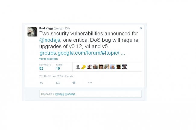 Rod Vagg, l'un des responsables de la communauté Node.js, a prévenu hier de l'existence de deux failles de sécurité sur le framework de développement d'applications web. (crédit : D.R.)