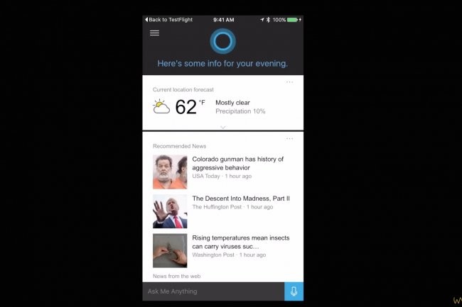 Au démarrage, Cortana sous iOS fournit des informations sur la météo et l'actualité du moment. (crédit : Warenotice)