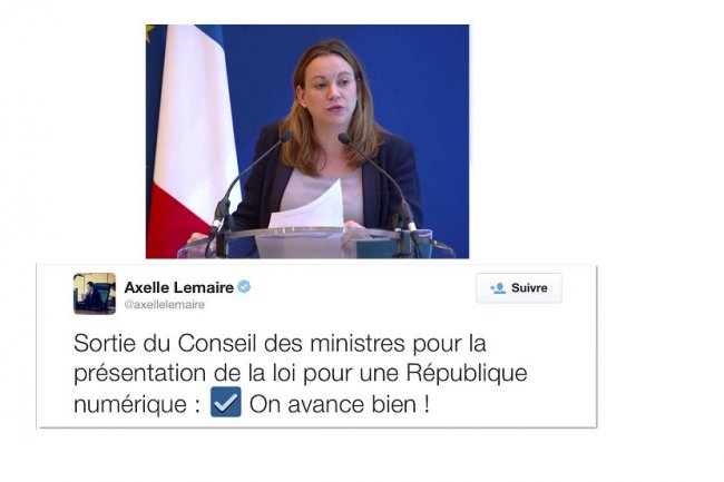 « On avance bien ! », a twitté ce matin Axelle Lemaire à la sortie du Conseil des ministres où elle a présenté la loi pour une République numérique.