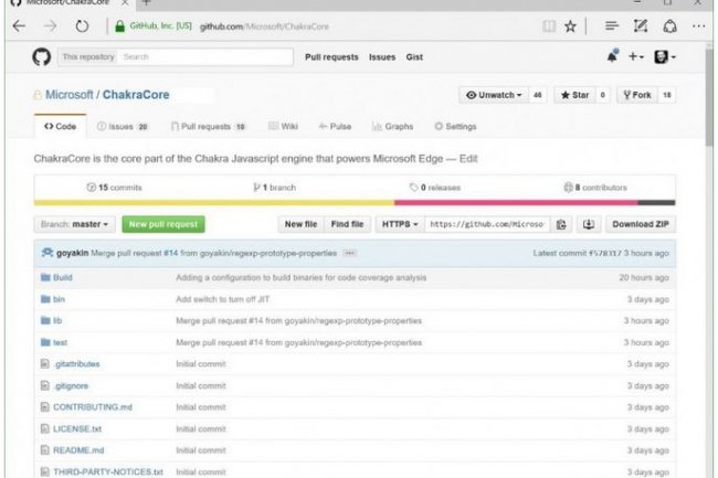 Les sources du moteur Javascript Chakra de Microsoft sont arrivées sur GitHub. (crédit : D.R.)