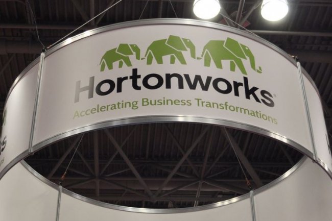 Le stand d'Hortonworks sur la confrence Strata + Hadoop World  New York le 29 septembre 2015. (Crdit : Marc Ferranti/IDGNS), 2015