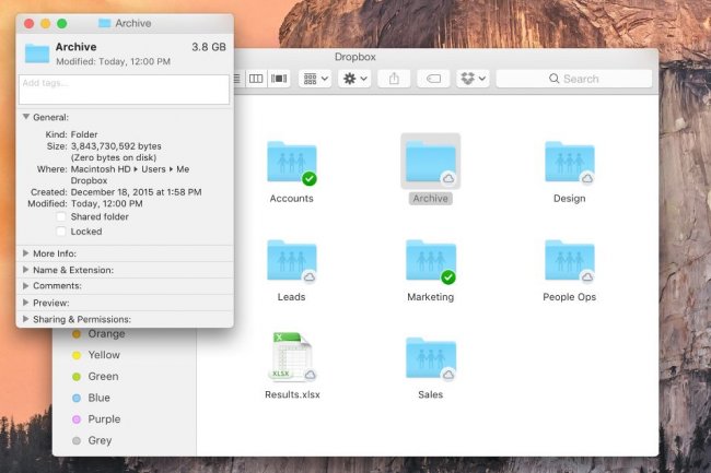 Avec Project Infinite, de Dropbox, les fichiers stockés dans le cloud (flanqués d'un nuage) apparaissent au milieu des fichiers conservés sur le disque dur de l'utilisateur (ci-dessus, sur un Mac). Crédit : D.R.