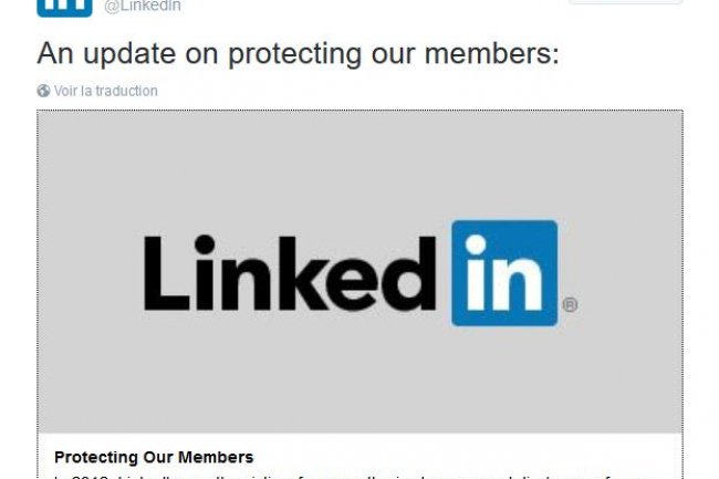 Dans un tweet du 18 mai, le réseau social professionnel Linkedin informe ses utilisateurs des actions qu'il mène à la suite de la mise en vente de 117 millions d'identifiants volés par des pirates. (crédit : D.R.)