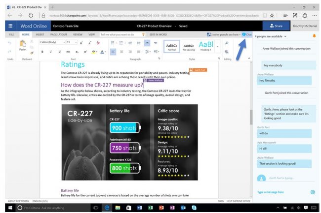 La fonction de tchat intgre  Office Online figure sous la forme d'un bouton bleu, a ct de la liste des co-auteurs d'un document. Crdit: D.R. 