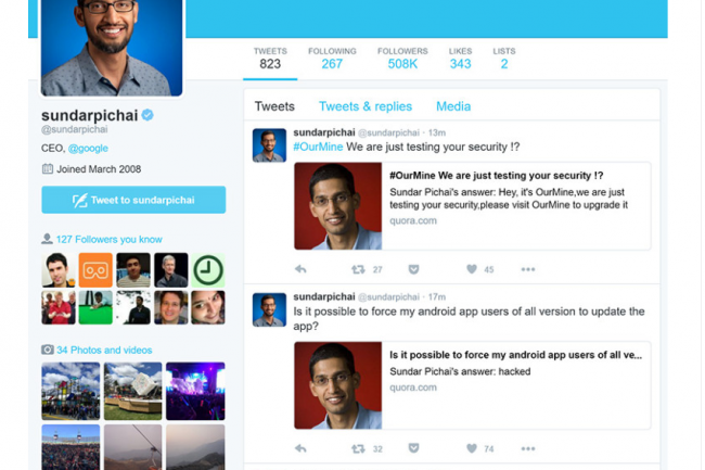 Sundar Pichai, le CEO de Google s'est fait pirater son compte Quora par le groupe de hackers OurMine. (crdit : D.R.)