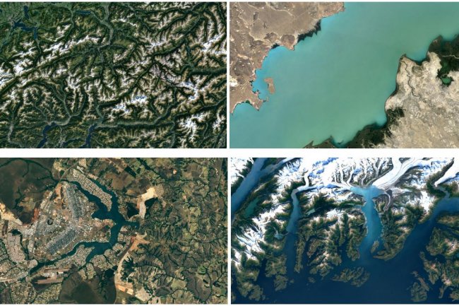 Pour raliser la nouvelle mosaque de ses applications Earth et Maps, Google a rcupr des donnes de prs d'un petaoctet d'imagerie du satellite Landsat 8 (ci-dessus, en partant du haut  gauche, les Alpes suisses, le lac Balkhash (Kazakhstan), en bas, Brasilia et l'Alaska.