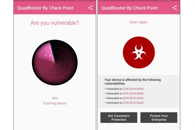 Regroupées sous le nom de QuadRooter, quatre failles menacent les terminaux Android. Check Point propose un outil gratuit pour vérifier leur présence.
