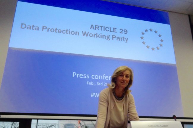 Isabelle Falque-Pierrotin, prsidente du groupe Article 29, lors d'une confrence de presse  Bruxelles, le 3 fvrier 2016.