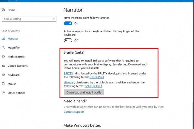 Le support du braille dans Windows 10 permettra aux personnes malvoyantes de communiquer avec leur PC. (Crdit : D.R.) 