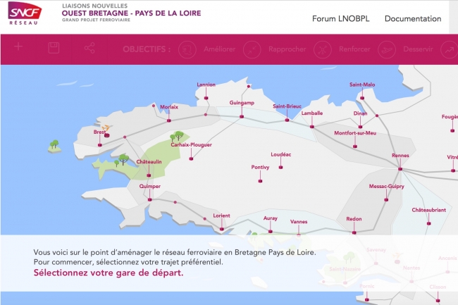 Sur le site web du projet Liaisons nouvelles Ouest Bretagne  Pays de la Loire (LNOBPL), les internautes peuvent tester diverses hypothses et mesurer les impacts de leurs choix.