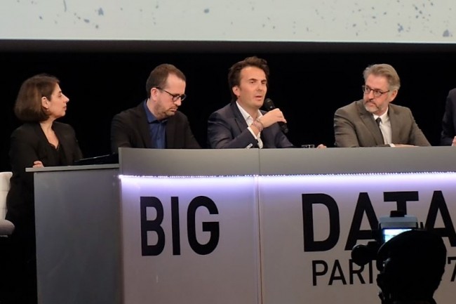 Sur Big Data Paris 2017, ce 7 mars, de gauche  droite, Emmanuel Payan, chief data officer de Socit Gnrale, Simon Chignard, data editor d'Etalab, Yannick Bollor, PDG d'Havas et Benot Binachon, associ dUman Partners. (crdit : M.G.) 