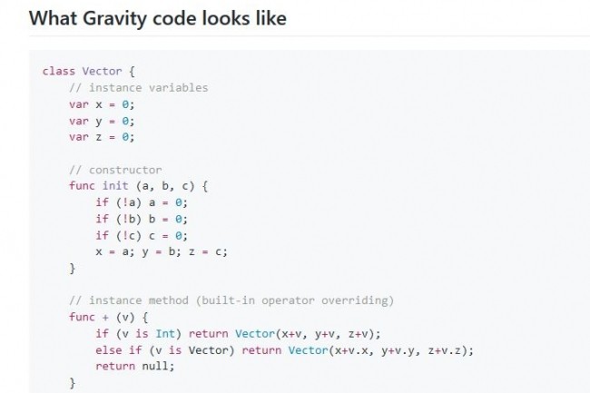 Un aperu du code de Gravity, langage embarqu pour apps mobiles  la syntaxe proche de Swift. (crdit : D.R.)