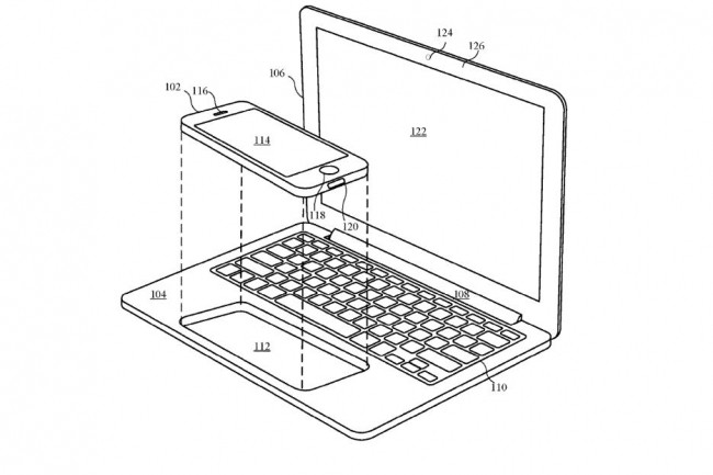 Le chssis dcrit par Apple dans un brevet rcemment publi arbore des allures de MacBook, mais c'est un iPhone qui l'anime. (crdit : Apple)