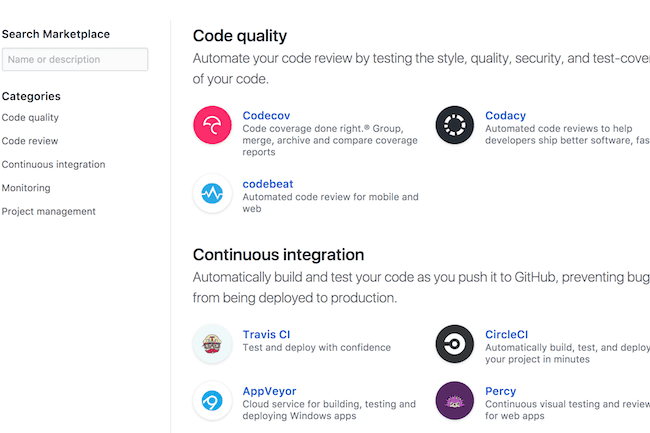 La place de marché de GitHub accueille des outils comme Travis CI, Appveyor, Waffle, ZenHub, Sentry ou Codacy.