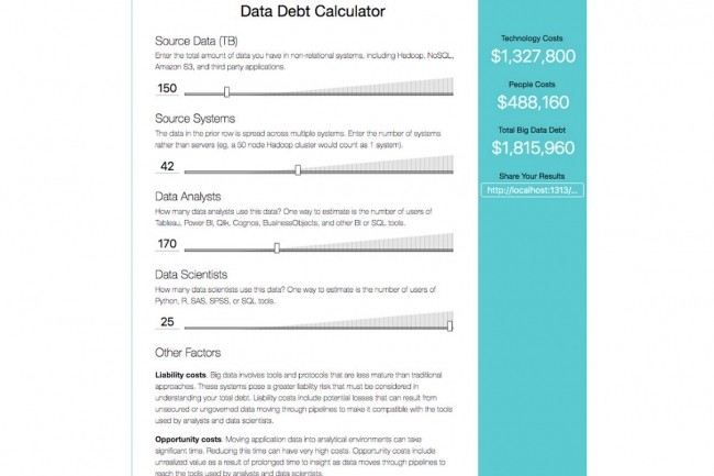 L'outil gratuit Big Data Debt Calculator propos par Dremio calcule suivant diffrents paramtres les cots lis  la mise en oeuvre d'applications big data.