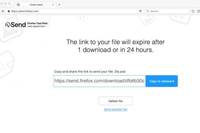 Avec Send, Firefox propose d'envoyer des fichiers à l'aide d'un lien qui disparaîtra automatiquement après le téléchargement ou bien au bout de 24 heures.