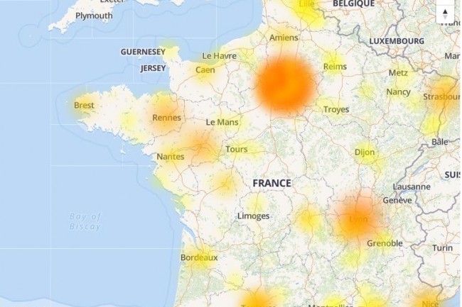 Carte de France des problmes de dbit rseau rencontrs par les utilisateurs de Free Mobile. (crdit : downdetector)