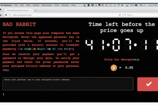 Selon Kaspersky Labs, les cyber-criminels  l'oeuvre derrire le ransomware Bad Rabbit demandent une ranon de 0,05 bitcoin, soit l'quivalent de 280 dollars. (crdit : D.R.)