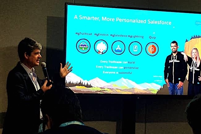 Alexandre Dayon, chief product officier de Salesforce, lors du point presse organis sur Dreamforce 2017  San Francisco. (crdit : S.L.)