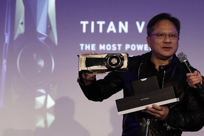Jensen Huang, CEO de Nvidia, a surpris son monde en annonçant le lancement de sa dernière carte graphique Titan V. (crédit : Nvidia)