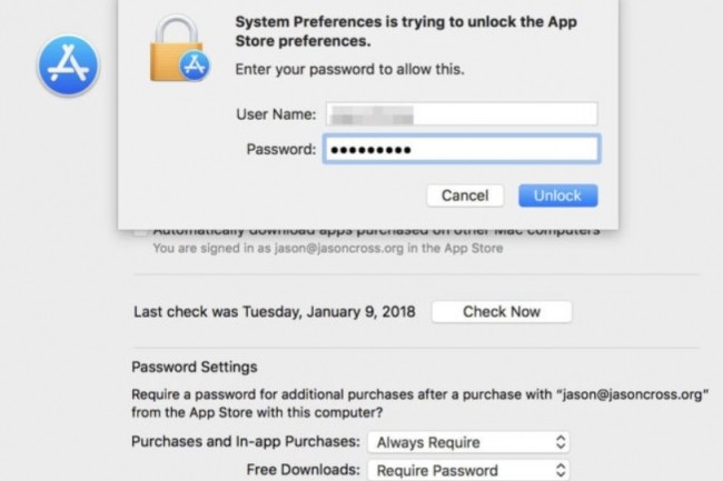 Ecran de protection par mot de passe des préférences systèmes de l'AppStore. (crédit : IDG)