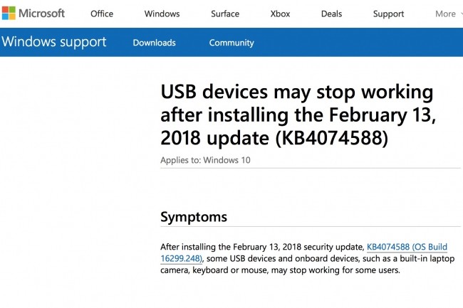 La semaine dernire, Microsoft a confirm que certaines priphriques USB pouvaient rencontrer des problmes aprs l'installation de la mise  jour cumulative de Win10 Fall Creators KB4074588. (Crdit : Microsoft)