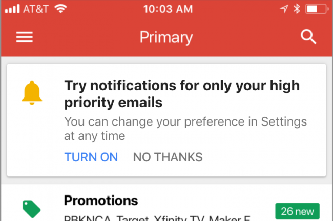 L'application Gmail iOS utilise maintenant AI pour offrir l'option de notification uniquement pour les courriels importants. (Crdit D.R.)