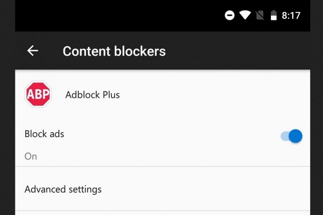 Dsactiv par dfaut, Adblocker Plus peut tre mis en service  partir des paramtres sur Android (ci-dessus) et sur iOS. (Crdit : Microsoft)