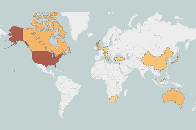 La nouvelle cyberattaque de Cobalt Dickens cible les 14 pays mis en valeur sur la carte ci-dessus. Les plus foncs sont ceux o le plus d'universits ont t vises. (Crdit : Secureworks)