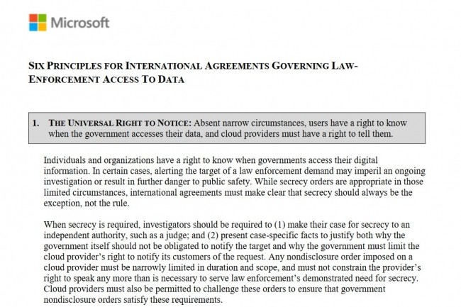 Le droit universel pour un utilisateur à être prévenu quand un gouvernement veut accéder à ses données est le 1er des 6 principes de base énoncés par Microsoft. (Crédit : MS)