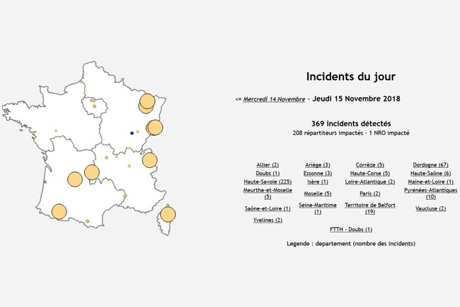 233 incidents ont t dtects le 14 novembre sur les DSLAM de Free dans toute la France, 369 aujourd'hui. (Crdit : Free-reseau.fr)