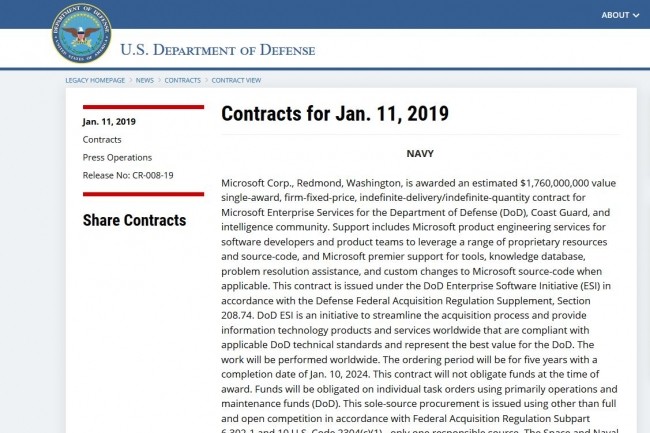 Par un document publié le 11 janvier 2019, le DoD annonce pour la Navy l'attribution à Microsoft d'un contrat de support sur ses logiciels de près de 2 Md$. (Crédit : D.R.)