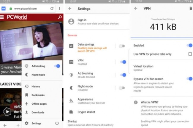 Trois tapes sur lcran du mobile suffisent pour activer le nouveau VPN d'Opera intgr au navigateur. (Crdit : IDG)