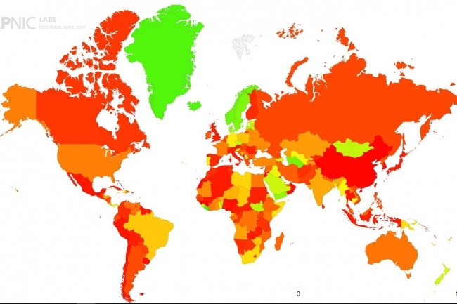 Selon les données de l'APNIC, les serveurs de nombreux pays n'ont pas validé le protocole DNSSEC, qui permettrait pourtant d'endiguer considérablement d'éventuelles attaques DNS d'ampleur. (Crédit : APNIC)