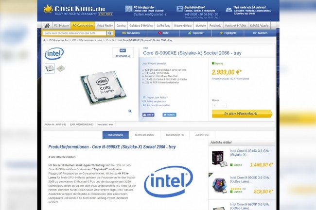 L'Intel Core i9-9990XE est conu spcifiquement pour les services financiers. (Crdit : CaseKing.de)