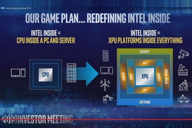 Bob Swan, CEO d'Intel, vient de prsenter aux investisseurs de l'entreprise une stratgie XPU qui n'incluent pas seulement les CPU, mais aussi les GPU, les FPGA et mme les puces 5G. (Crdit : D.R.)