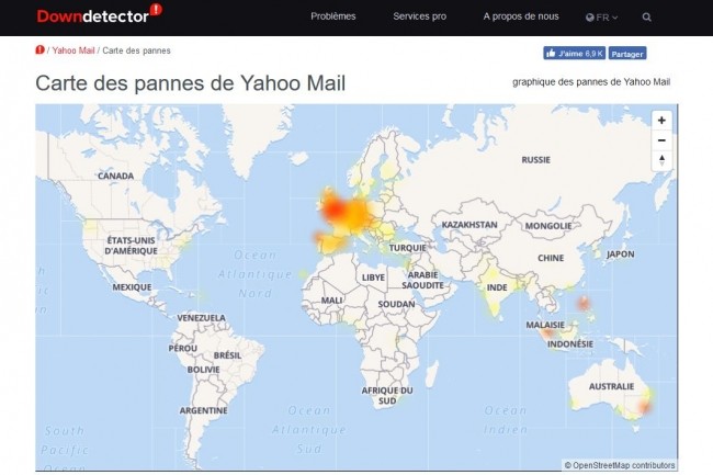 La carte présentée par Downdetector.fr montre que l'Europe est principalement concernée par l'interruption de service sur Yahoo Mail. (Crédit : Downdetector)