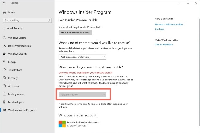 Les utilisateurs qui veulent commencer  tester Windows 10 1909 doivent sinscrire au programme Windows Insider, puis choisir  Release Preview  avant de demander de recevoir la mise  jour. (Crdit : Microsoft)