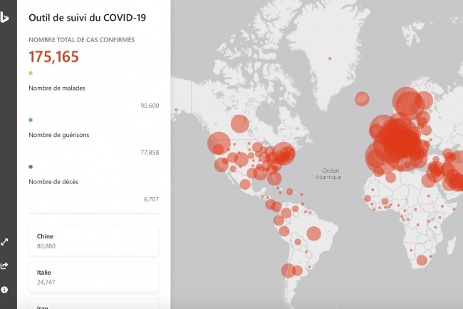Aprs la carte interactive de Bing sur l'avance du coronavirus dans le monde, Google s'apprte  proposer la sienne d'ici la fin de la journe. (Crdit : Microsoft)