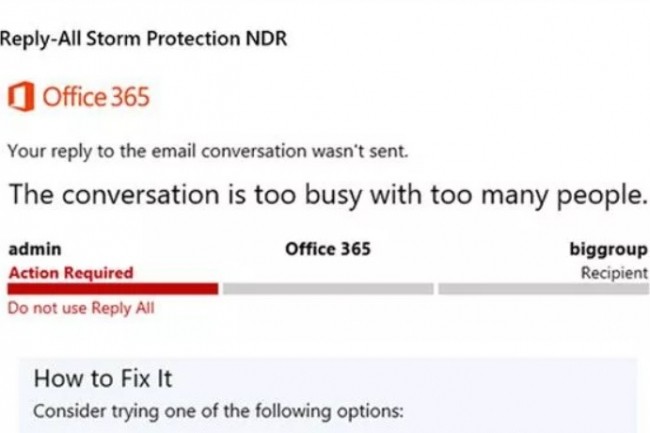 La fonction Reply All Storm Protection pour Office 365 et Exchange Online est active dans un premier temps ds lors que 10  rpondre  tous  impliquant plus de 5 000 participants au cours d'une heure ont t identifis. (crdit : Microsoft)